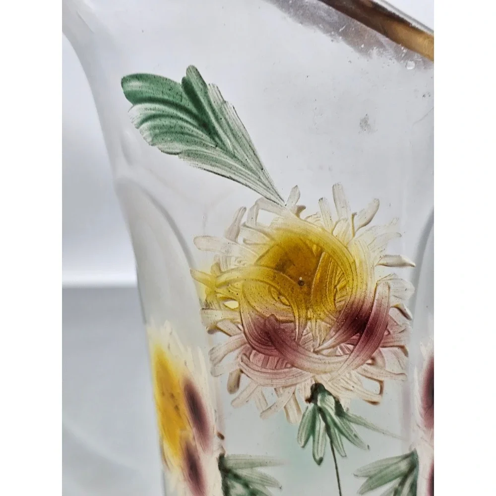 Antique Frosted Glass Pitcher Hand Painted Floral Gold Rim Victorian Art Glass